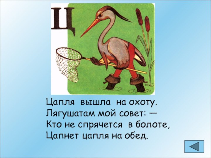 Цапля вышла на охоту. Лягушатам мой совет: — Кто не спрячется в