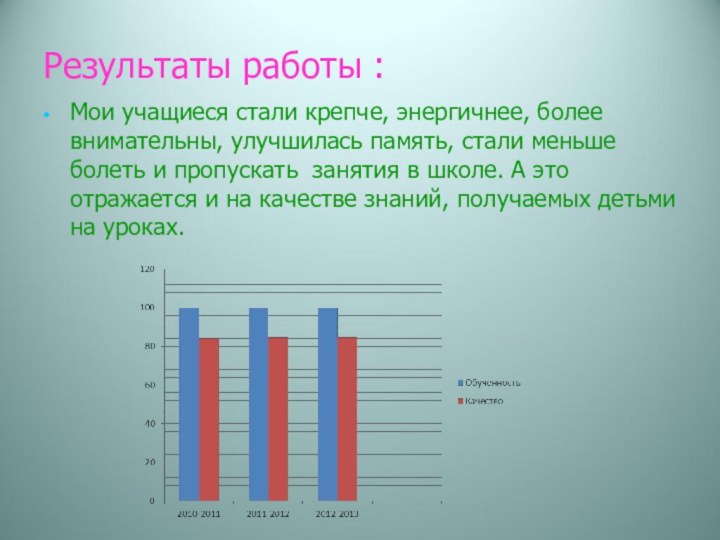 Результаты работы :Мои учащиеся стали крепче, энергичнее, более внимательны, улучшилась память, стали