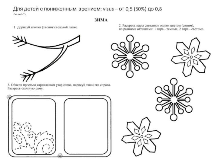 Для детей с пониженным зрением: visus – от 0,5 (50%) до 0,8 (80%)