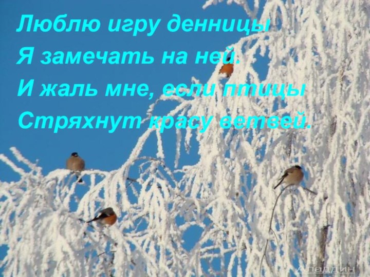 Люблю игру денницыЯ замечать на ней.И жаль мне, если птицыСтряхнут красу ветвей.