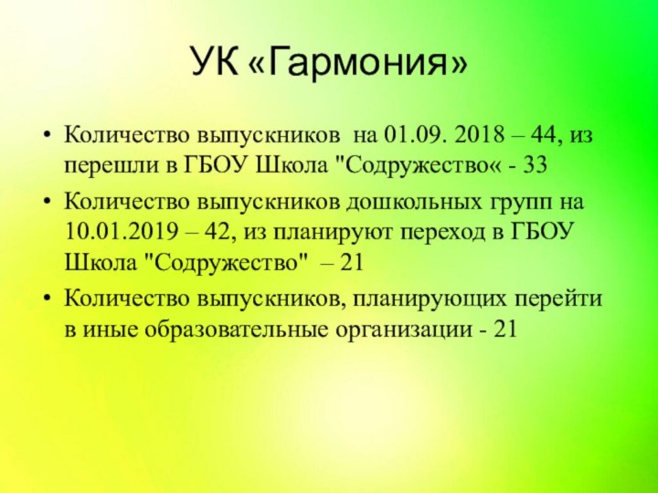 УК «Гармония»Количество выпускников  на 01.09. 2018 – 44, из перешли в ГБОУ