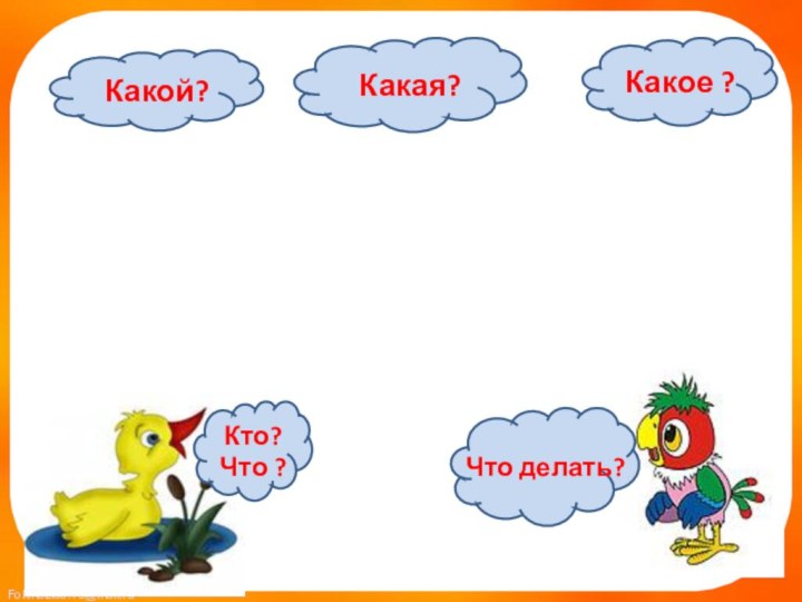 Русский языкРаспознавание слов по вопросам, точное употребление слов в предложении.Кто?Что ?Что делать?Какой?Какая?Какое ?