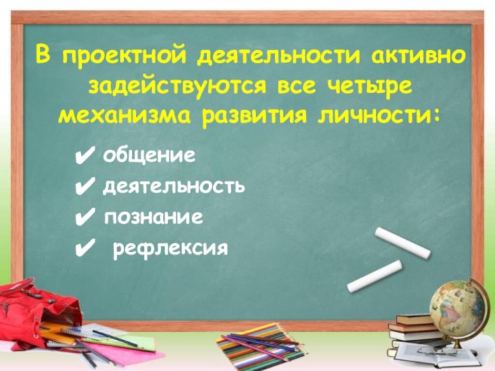 общение деятельностьпознание рефлексияВ проектной деятельности активно задействуются все четыре механизма развития личности: