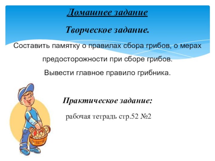 Домашнее задание Творческое задание.  Составить памятку о правилах сбора грибов, о