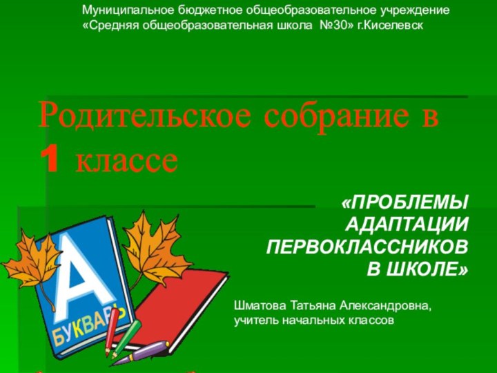 Родительское собрание в 1 классе«ПРОБЛЕМЫ АДАПТАЦИИ ПЕРВОКЛАССНИКОВ В ШКОЛЕ»Шматова Татьяна Александровна,учитель начальных