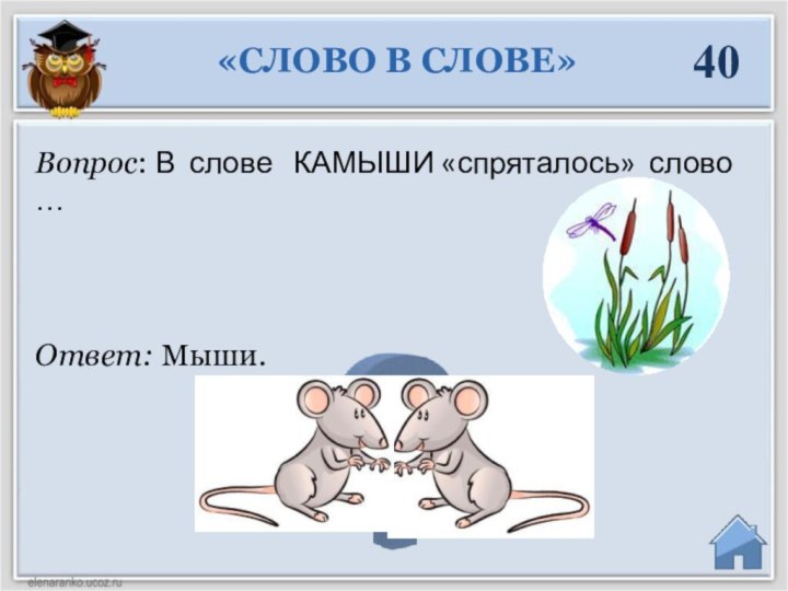 Ответ: Мыши.Вопрос: В слове  КАМЫШИ «спряталось» слово …«СЛОВО В СЛОВЕ»40