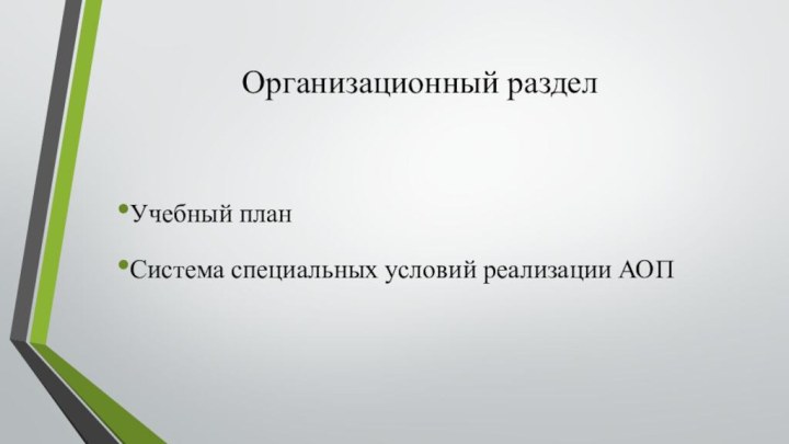 Организационный раздел Учебный план Система специальных условий реализации АОП