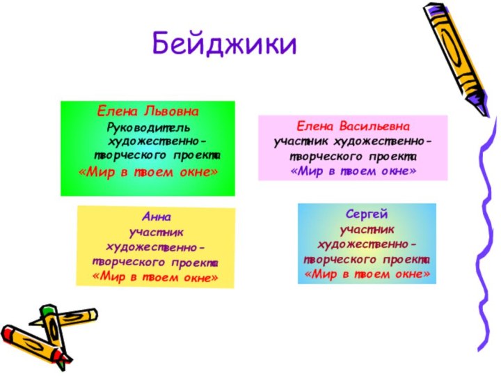 БейджикиЕлена ЛьвовнаРуководитель художественно-творческого проекта«Мир в твоем окне»Елена Васильевнаучастник художественно-творческого проекта«Мир в твоем