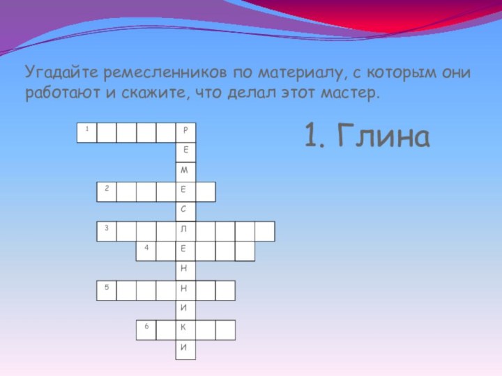 Угадайте ремесленников по материалу, с которым они работают и скажите, что делал этот мастер.1. Глина