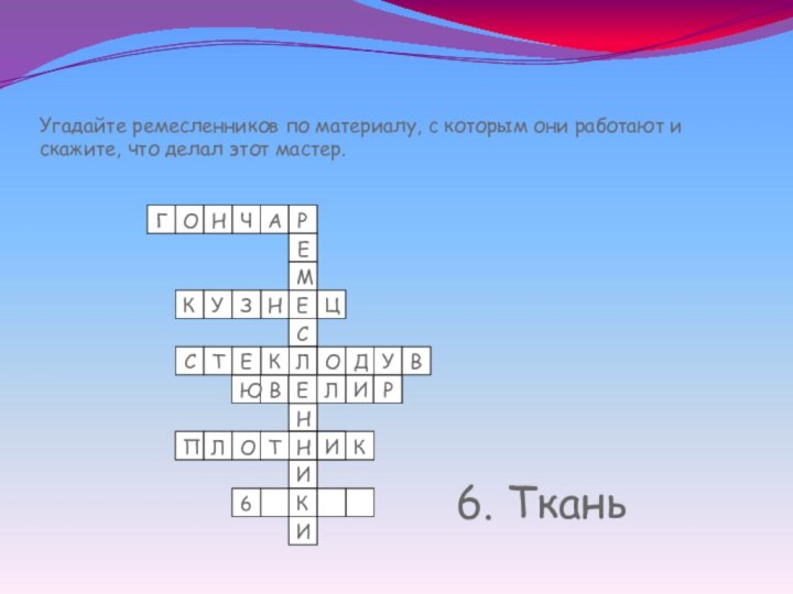 Угадайте ремесленников по материалу, с которым они работают и скажите, что делал этот мастер.6. Ткань