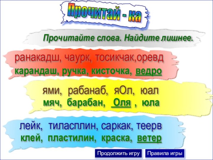 Прочитайте слова. Найдите лишнее.ями, рабанаб, яОл, юалранакадш, чаурк, тосикчак,оревдлейк, тиласплин, саркак,