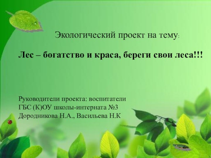 Лес – богатство и краса, береги свои леса!!!Экологический проект на тему:Руководители проекта: