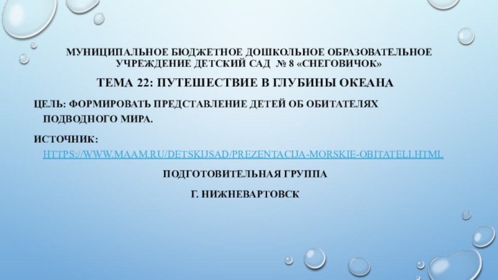 Муниципальное бюджетное дошкольное образовательное учреждение детский сад № 8 «Снеговичок»Тема 22: Путешествие