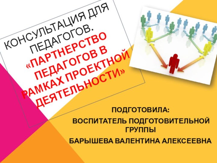 Консультация для педагогов. «Партнерство педагогов в рамках проектной деятельности» Подготовила: Воспитатель подготовительной группыБарышева Валентина Алексеевна