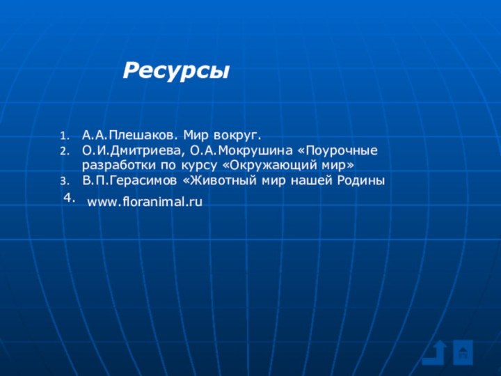 РесурсыА.А.Плешаков. Мир вокруг.О.И.Дмитриева, О.А.Мокрушина «Поурочные разработки по курсу «Окружающий мир»В.П.Герасимов «Животный мир нашей Родиныwww.floranimal.ru4.