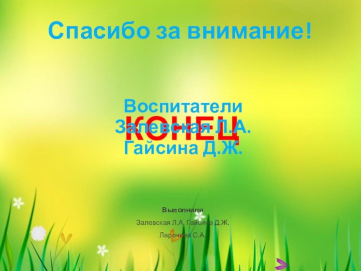 Спасибо за внимание!КОНЕЦВоспитателиЗалевская Л.А.Гайсина Д.Ж.ВыполнилиЗалевская Л.А. Гайсина Д.Ж.Ларочина С.А.