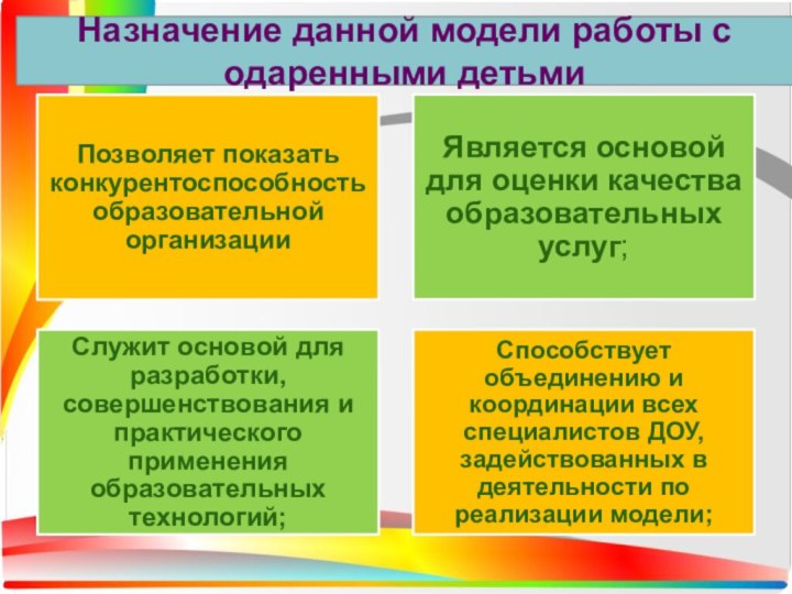 Назначение данной модели работы с одаренными детьми