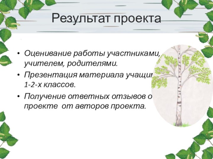 Результат проекта Оценивание работы участниками, учителем, родителями.Презентация материала учащимся 1-2-х классов.Получение ответных