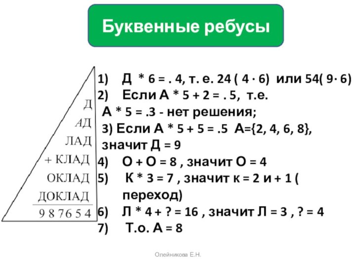 Буквенные ребусыД * 6 = . 4, т. е. 24 ( 4