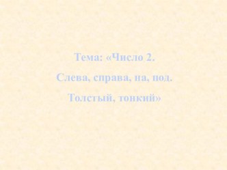 Презентация ОД по ФЭМП во 2 младшей группе : Число 2. Слева, справа, на, под. Толстый, тонкий презентация к уроку по математике (младшая группа) по теме