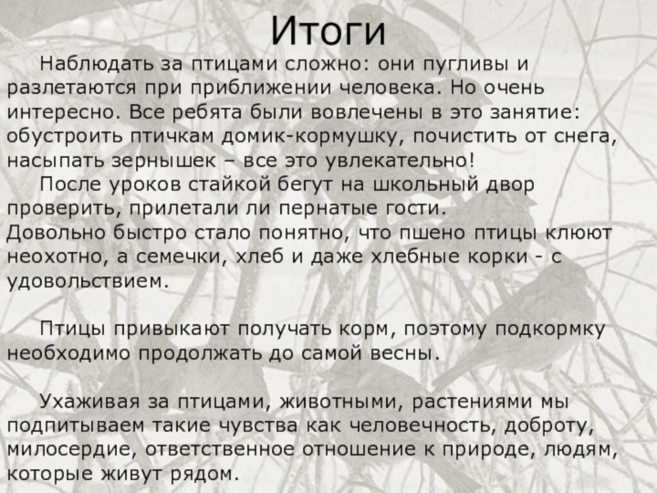 Итоги	Наблюдать за птицами сложно: они пугливы и разлетаются при приближении человека. Но