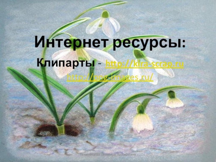 Интернет ресурсы: Клипарты - http://kira-scrap.ru http://png-images.ru/   Темлянцева Эльмира Ханифовна