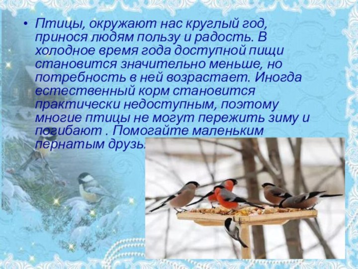 Птицы, окружают нас круглый год, принося людям пользу и радость. В холодное