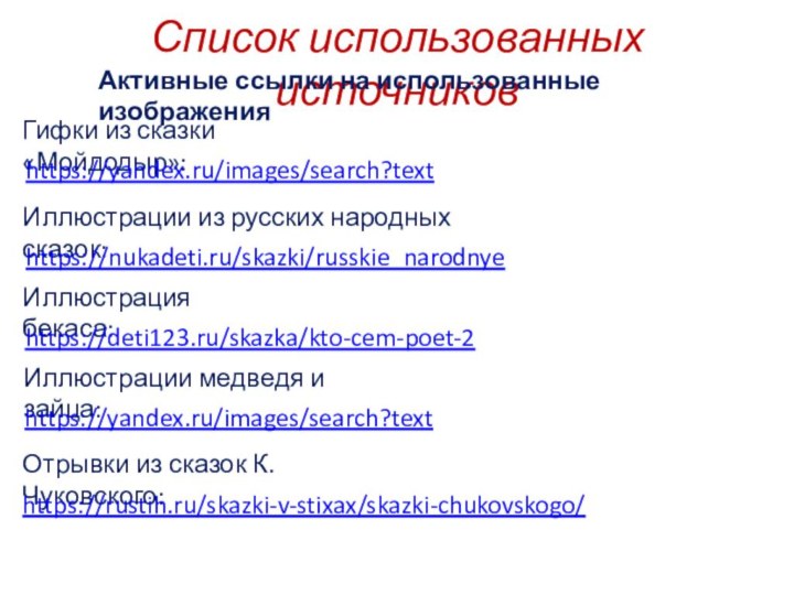 Список использованных источниковАктивные ссылки на использованные изображенияГифки из сказки «Мойдодыр»:Отрывки из сказок