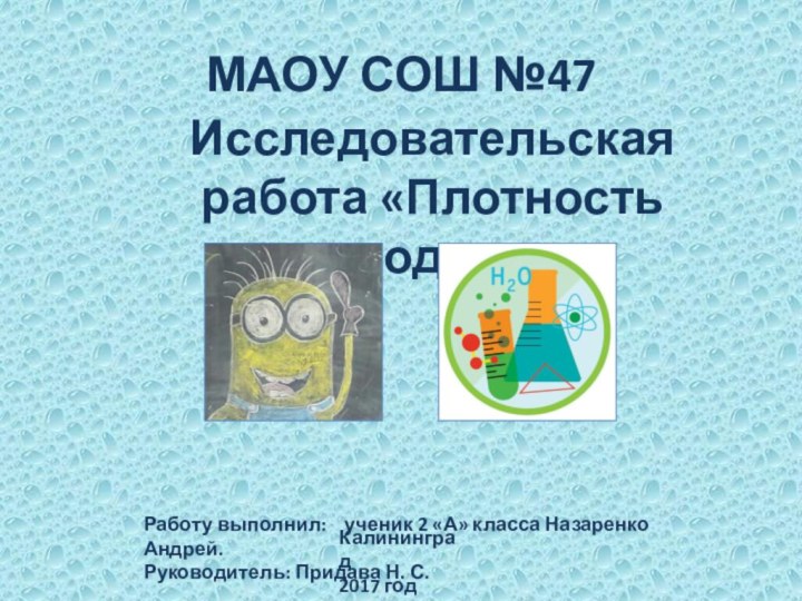 МАОУ СОШ №47Калининград2017 годИсследовательская работа «Плотность воды»Работу выполнил:  ученик 2 «А»