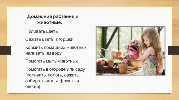 Домашние растения и животные: Поливать цветыСажать цветы в горшкиКормить домашних животных, наливать