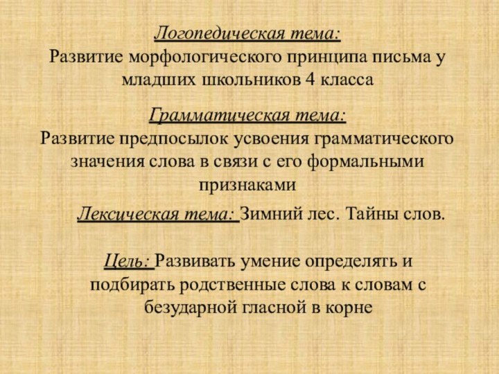 Логопедическая тема: Развитие морфологического принципа письма у младших школьников 4 классаГрамматическая тема:Развитие