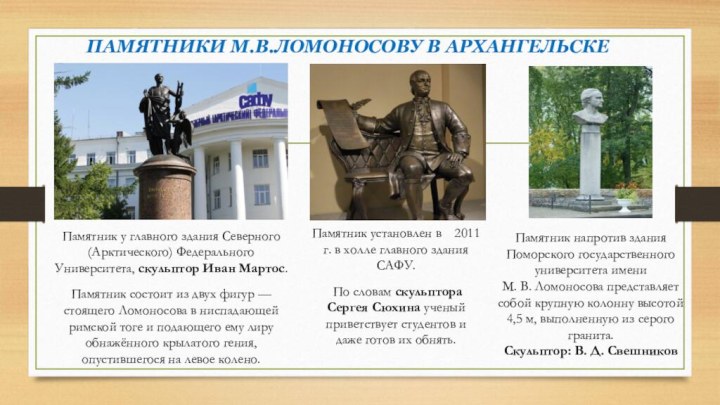 ПАМЯТНИКИ М.В.ЛОМОНОСОВУ В АРХАНГЕЛЬСКЕПамятник у главного здания Северного (Арктического) Федерального Университета, скульптор