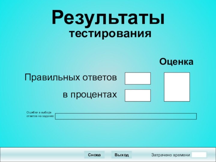 Затрачено времениСноваВыходПравильных ответовв процентахОценкаРезультаты  тестированияОшибки в выборе ответов на задания: