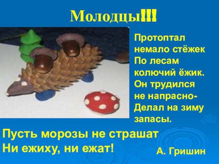 Молодцы!!!Протоптал немало стёжек По лесам колючий ёжик. Он трудился не напрасно- Делал