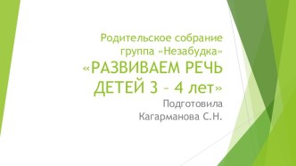 Родительское собрание РАЗВИВАЕМ РЕЧЬ ДЕТЕЙ 3 – 4 лет презентация к уроку (младшая группа)