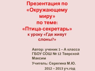 Индивидуальный проект-презентация Птица секретарь презентация к уроку по окружающему миру (1 класс)