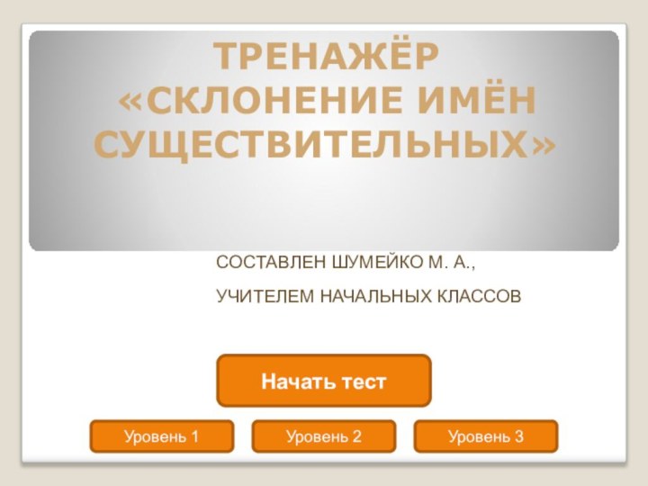 ТРЕНАЖЁР «СКЛОНЕНИЕ ИМЁН  СУЩЕСТВИТЕЛЬНЫХ» СОСТАВЛЕН ШУМЕЙКО М. А.,УЧИТЕЛЕМ НАЧАЛЬНЫХ