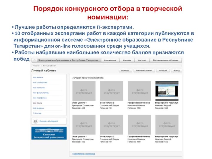 Порядок конкурсного отбора в творческой номинации: Лучшие работы определяются IT-экспертами. 10 отобранных