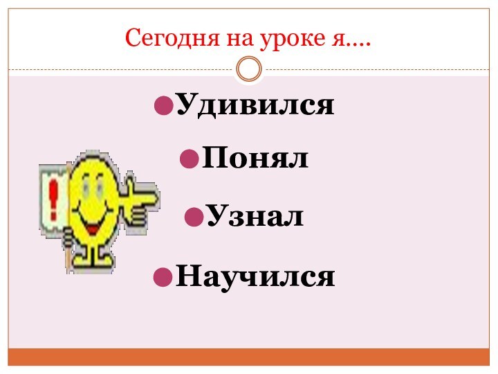 Сегодня на уроке я….УдивилсяПонялУзналНаучился