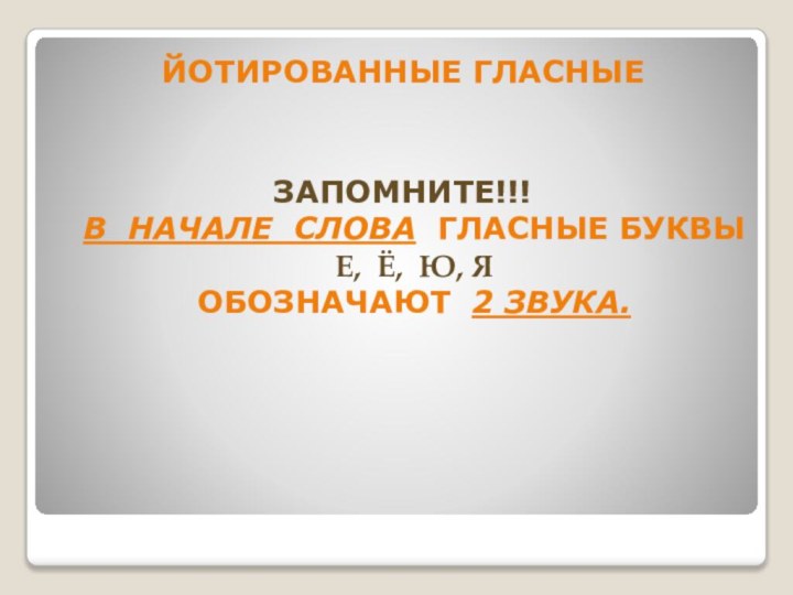 ЙОТИРОВАННЫЕ ГЛАСНЫЕЗАПОМНИТЕ!!! В НАЧАЛЕ СЛОВА ГЛАСНЫЕ БУКВЫ  Е, Ё, Ю, Я  ОБОЗНАЧАЮТ 2 ЗВУКА.