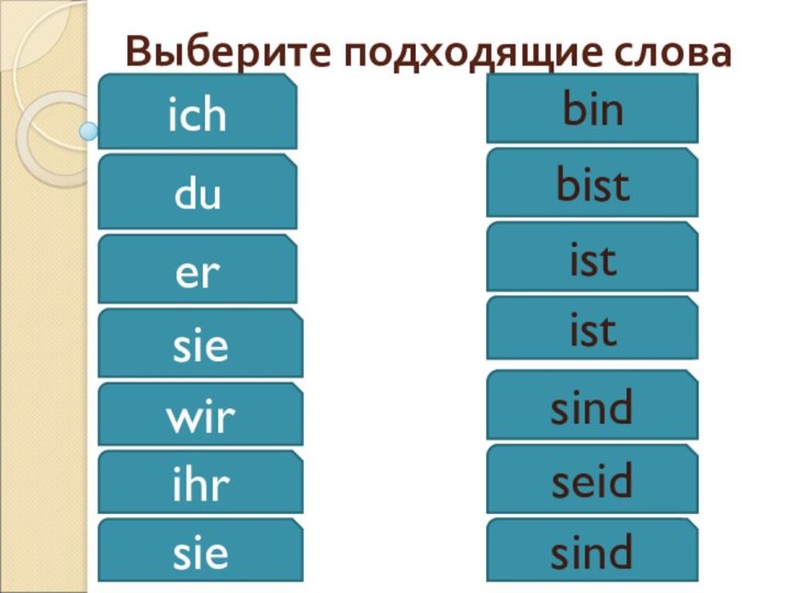 Выберите подходящие словаichsiesieerduihrwir???bin?bististist?sind?seid?sind