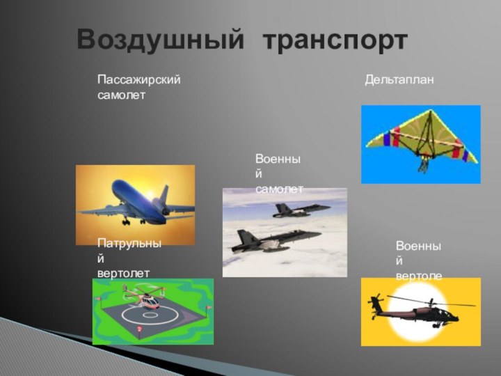 Воздушный транспортПассажирскийсамолетДельтапланПатрульный вертолетВоенныйсамолетВоенныйвертолет