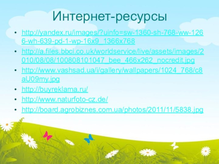 Интернет-ресурсыhttp://yandex.ru/images/?uinfo=sw-1360-sh-768-ww-1266-wh-639-pd-1-wp-16x9_1366x768http://a.files.bbci.co.uk/worldservice/live/assets/images/2010/08/08/100808101047_bee_466x262_nocredit.jpghttp://www.vashsad.ua/i/gallery/wallpapers/1024_768/c8aU09my.jpghttp://buyreklama.ru/http://www.naturfoto-cz.de/http://board.agrobiznes.com.ua/photos/2011/11/5838.jpg