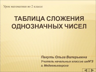 конспект урока по математике по теме Таблица сложения однозначных чисел учебно-методический материал по математике (2 класс)