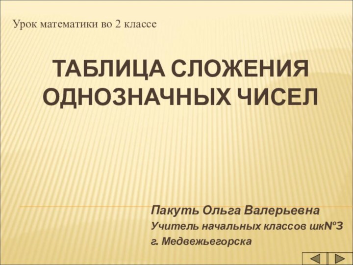 ТАБЛИЦА СЛОЖЕНИЯ ОДНОЗНАЧНЫХ ЧИСЕЛПакуть Ольга ВалерьевнаУчитель начальных классов шк№3г. МедвежьегорскаУрок математики во 2 классе