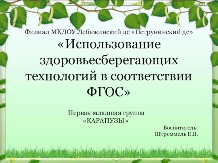 Филиал МКДОУ Лебяжинский дс «Петрунинский дс» «Использование здоровьесберегающих технологий в соответствии ФГОС»