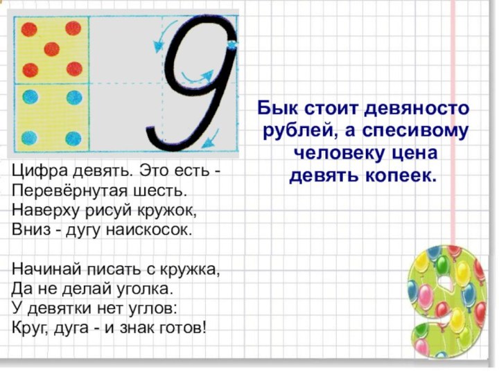 Цифра девять. Это есть - Перевёрнутая шесть. Наверху рисуй кружок, Вниз -