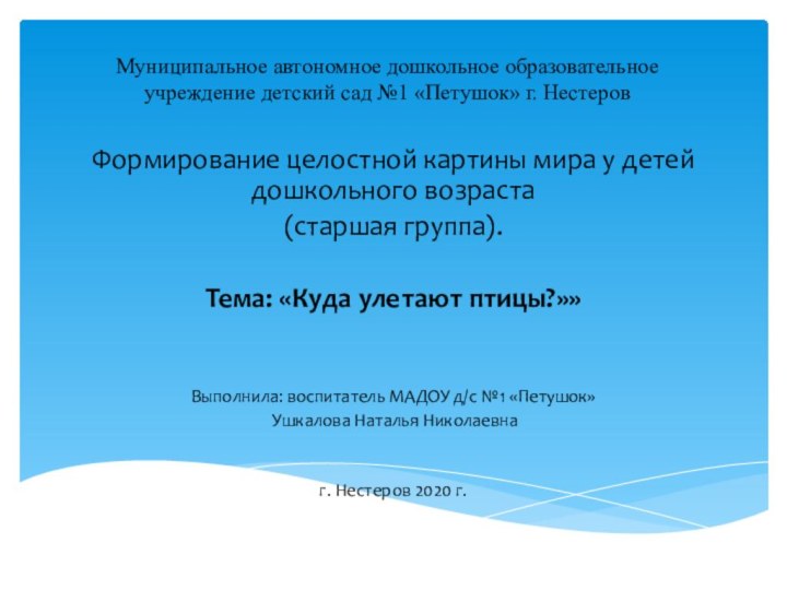 Муниципальное автономное дошкольное образовательное учреждение детский сад №1 «Петушок» г. Нестеров Формирование