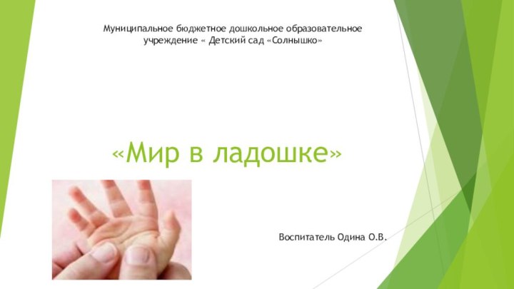 «Мир в ладошке»Воспитатель Одина О.В.Муниципальное бюджетное дошкольное образовательное учреждение « Детский сад «Солнышко»