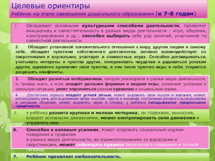 Целевые ориентиры Ребёнок на этапе завершения дошкольного образования (к 7-8 годам)Овладевает основными